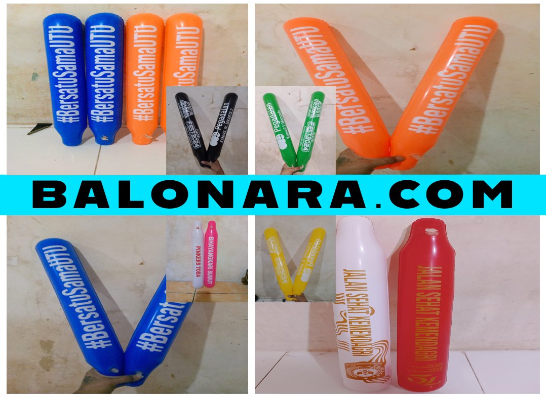 Balon tiup panjang untuk supporter olahraga atau konser. Bisa sablon logo. Ringan, murah, dan meriah.